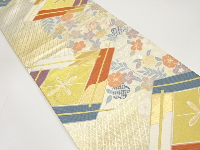 JAPANESE KIMONO / ANTIQUE FUKURO OBI / SILK / WOVEN PINE RHOMBUS & FLOWER